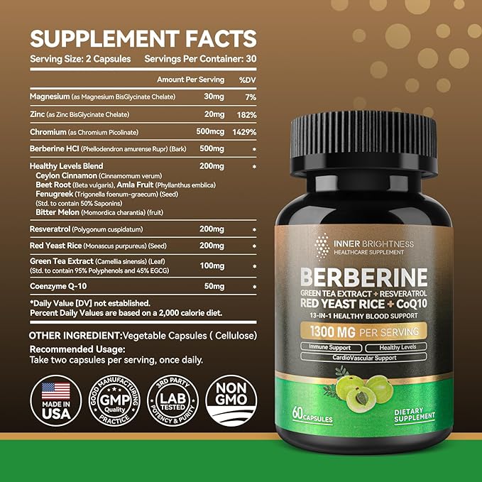 Berberine 1300mg with Green Tea Extract, Resveratrol, Red Yeast Rice & CoQ10 – 13-in-1 Immune Health, Natural Metabolic Support – 60 Capsules – Non-GMO, Lab Tested