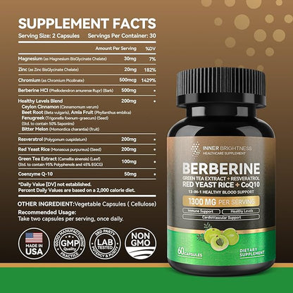 Berberine 1300mg with Green Tea Extract, Resveratrol, Red Yeast Rice & CoQ10 – 13-in-1 Immune Health, Natural Metabolic Support – 60 Capsules – Non-GMO, Lab Tested