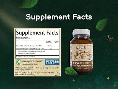 NaturaNectar - Brown Bee Propolis - NSF Contents Certified - Premium Brazilian Propolis - Gluten-Free Supplement with Flavonoids, FLAV-B and PWE - Naturally Sourced Through Ethical Beekeeping (60pcs.)