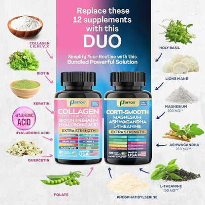 Shining Serenity Set, Cortisol Support with Ashwagandha, L-Theanine, Magnesium, Lions Mane, GABA, Bacopa Monnieri, Collagen I, II, III, V, X, Folate, Biotin, Keratin, Hyaluronic Acid, Quercetin