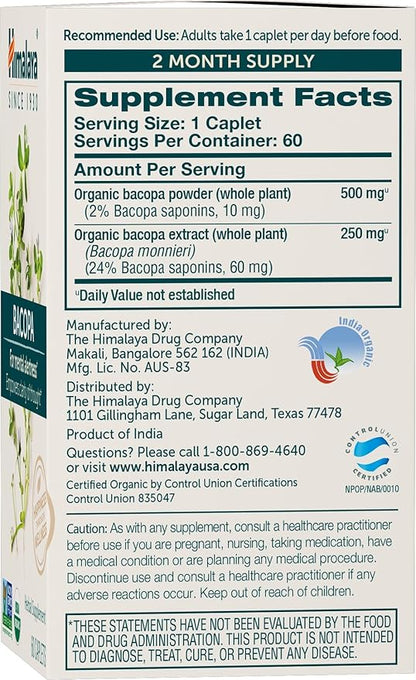 Himalaya Organic Bacopa Monnieri Nootropic Herbal Supplement, Mental Alertness, Supports Calm, Memory, Cognition, USDA Organic, Non-GMO, 750 mg, 60 Plant-Based Caplets, 2 Pack, 120 Day Supply