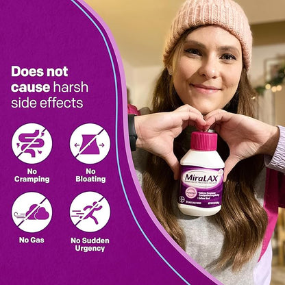 MiraLAX Gentle Constipation Relief Laxative Powder, Stool Softener with PEG 3350, Works Naturally with Water in Your Body, No Harsh Side Effects, Osmotic Laxative, 45 Dose
