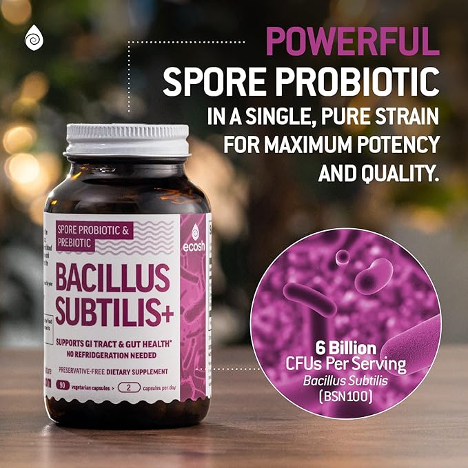 Bacillus Subtilis Spore Based Probiotic — High Potency Strain with Prebiotic for Balanced Belly | Daily Gut Health & Microbiome Support for Family | 6 Billion CFU Per Day | 90 Vegetarian Capsules