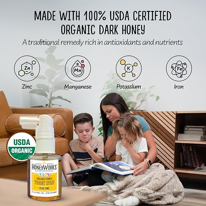 HoneyWorks Kids Throat Spray for Sore Throat Relief, 1 Oz (Pack of 2) Soothing Non-GMO USDA Organic Dark Honey + Zinc, Fast-Acting Relief, 12 Months+