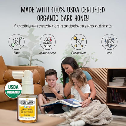 HoneyWorks Kids Throat Spray for Sore Throat Relief, 1 Oz (Pack of 2) Soothing Non-GMO USDA Organic Dark Honey + Zinc, Fast-Acting Relief, 12 Months+
