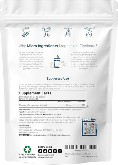Magnesium Glycinate Powder for Sleep & Relaxation, 12oz (56 Servings) | 400mg of Highly Bioavailable Magnesium Glycinate | Healthy Muscle, Bones & Mood Support - Sweet Peach Ring Flavor, Sugar Free