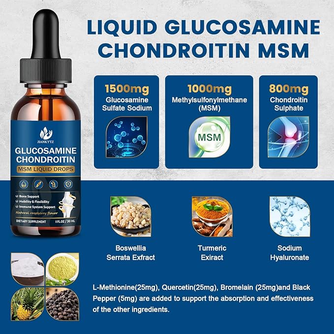 (2 Pack) Glucosamine Chondroitin MSM Liquid Drops, High Absorption, Antioxidant, Immune, Bone Support, MSM Supplement for Men & Women, Vegan, Sugar-Free, Raspberry Flavor, 1 Fl Oz