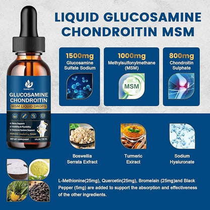 (2 Pack) Glucosamine Chondroitin MSM Liquid Drops, High Absorption, Antioxidant, Immune, Bone Support, MSM Supplement for Men & Women, Vegan, Sugar-Free, Raspberry Flavor, 1 Fl Oz