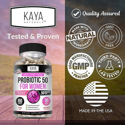 Kaya Naturals Probiotic 50 Billion CFU - Probiotics for Women, Probiotics for Men and Adults, Natural - Gut Health & Immune Support Supplement - Provides Digestive Support - 60 Vegetable Capsules