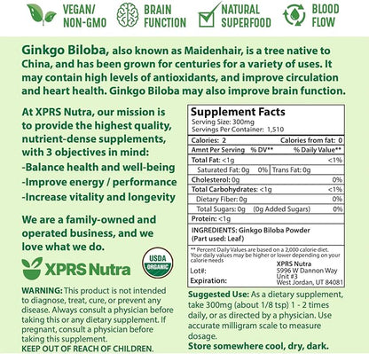 XPRS Nutra Organic Ginkgo Biloba Powder - Gingko Biloba Supplements for Cognition - Vegan Friendly Ginkoba Biloba Organic - Immunity Boosting Ginkgo Biloba Powder (16 oz)
