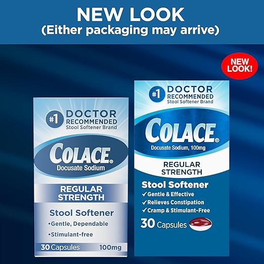 Colace Regular Strength Stool Softener for Gentle Effective Constipation Relief, No. 1 Doctor Recommended Stool Softener Brand, 100 mg Docusate Capsules, 30 Count