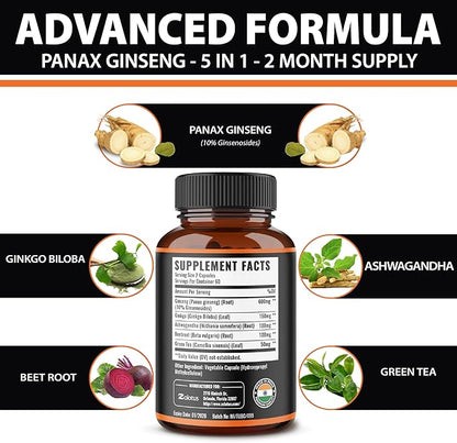 Zolotus Korean Red Panax Ginseng + Ginkgo Biloba, Ashwagandha, Beetroot, Green Tea - 120 Capsules for 2 Month Supply