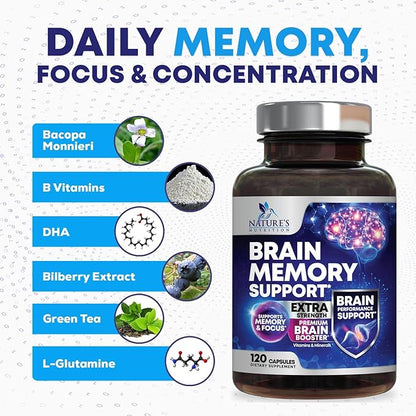 Brain Supplements for Memory and Focus - 40 Nootropics & Vitamins to Support Mental Alertness, Clarity & Concentration, Brain Health Cognitive Memory Pills, B6, B12, Phosphatidylserine - 120 Capsules