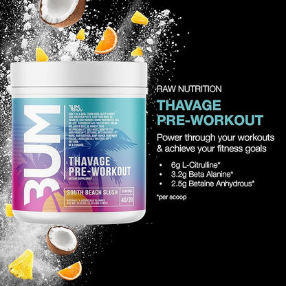 RAW Preworkout Powder, Thavage (South Beach Slush) - Chris Bumstead Sports Nutrition Supplement for Men & Women - Cbum Pre Workout for Working Out, Hydration, Mental Focus & Energy - 40 Servings