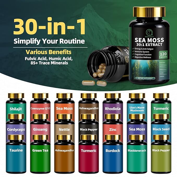 Shilajit for Men, Sea Moss and Shilajit Bundle, All in 1 Supplements with Coenzyme Q10, Black Seed, Ashwagandha, Taurine, Burdock for Energy, Endurance, Antioxidant & Immune Support, 240 Capsules