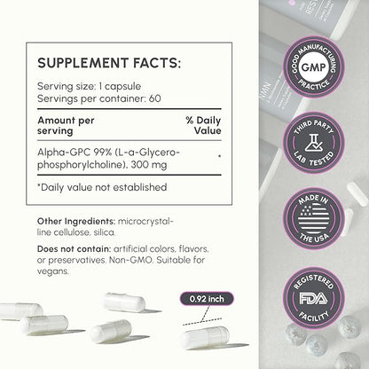 Alpha GPC Supplement Bio-Available Pure Form of Choline - Easily Absorbed by The Body - 300mg 60 Capsules - Made in The USA