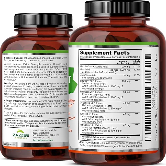 Zazzee Extra Strength 8-in-1 Immune Support, 1400 mg per Capsule, 180 Vegan Capsules, 1000 mg Vitamin C, 1000 IU D3, Zinc, Elderberry, Echinacea, Goldenseal, Turmeric, Astragalus, Made in The USA