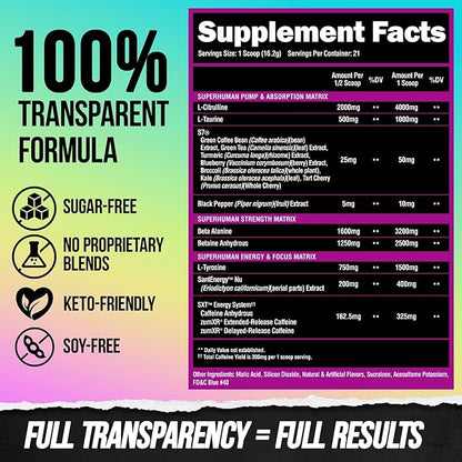 ALPHA LION Superhuman Pre Workout Powder, Beta Alanine, L-Taurine & Tri-Source Caffeine for Sustained Energy & Focus, Nitric Oxide & Citrulline for Pump (21 Servings, Unicorn Juice)