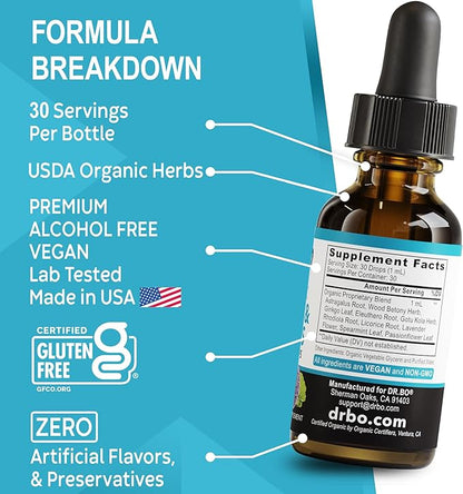 Adrenal Support Supplements Liquid Drops - Organic Adrenal and Focus Supplement, Cortisol Manager Adaptogen Adults, Ginkgo Biloba for Kids Calm - Natural Brain and Memory Fatigue Stress Attention 1oz