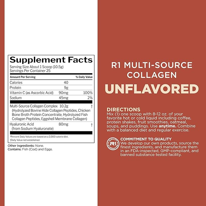 Rule 1 Multi-Source Collagen Powder - Bovine, Chicken, Fish & Eggshell Collagen Sources + Hyaluronic Acid & Vitamin C for Hair, Skin, & Nail Support (25 Servings, Unflavored)