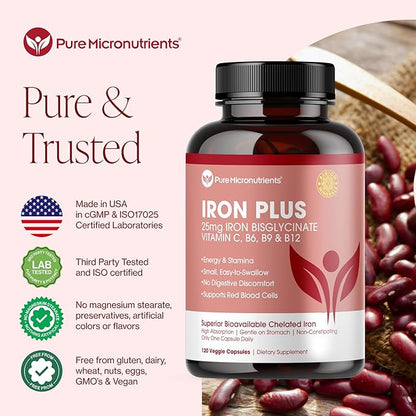 Iron Supplement for Women & Men, Natural Ferrous Chelate, Bisglycinate 25mg + Vitamin C, B6, B12, Folic Acid - IronPills for Iron Deficiency & Energy Support - 120 Count