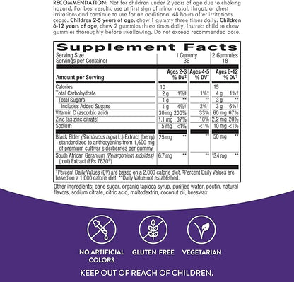 Nature's Way Sambucus Kids Cough Relief +(1) Immune Gummy*, Feel Better Faster(1), Clinically Proven South African Geranium, with Elderberry, Vitamin C & Zinc, Gluten Free, Vegetarian, 36 Gummies