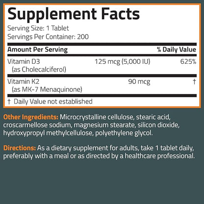 Bronson Vitamin K2 D3 (MK7) Supplement Non-GMO Formula Vitamin D3 5000IU (125 mcg) & 90 mcg K2 MK-7, Easy to Swallow D & K Complex, 200 Tablets