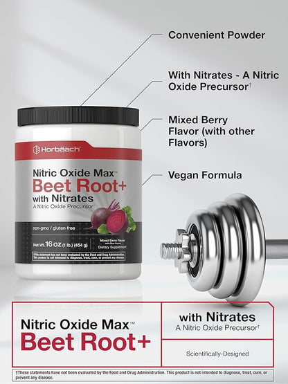 Horbaach Nitric Oxide Powder | 16 oz | Supplement for Men & Women | with Beet Root & Nitrates | Mixed Berry Flavor | Vegan, Non-GMO & Gluten Free