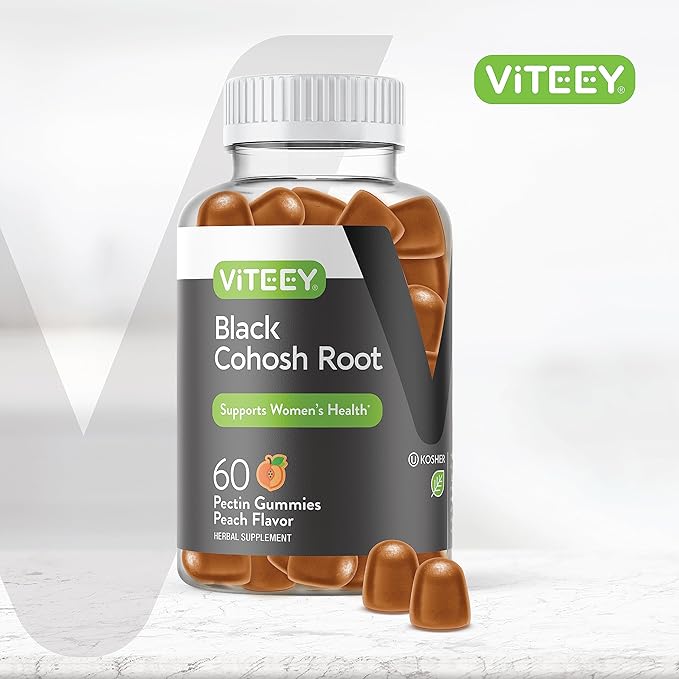Viteey Black Cohosh for Menopause for Women - Hot Flashes and Night Sweats Relief Supplements - Black Cohosh Root - Vegan, Gelatin Free, Gluten Free, GMO Free - Tasty Chewable Peach Flavored Gummy