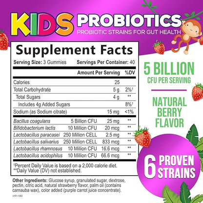 Kids Probiotic Gummies - Chewable Daily Probiotics for Kids Ages 3+ - Natural Digestive Health & Immune Support Vitamin - Vegan, Gluten Soy & Dairy Free, Berry Flavored, Shelf Stable - 120 Gummies