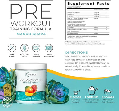 One Sol Pre-Workout for Women, Enhanced Pump & Focus, No Jitters Or Crash, Natural Ingredients, 100% Vegan, Gluten Free & Soy Free, (Mango Guava)