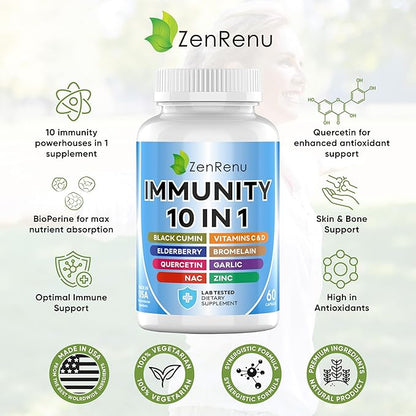 Zenrenu Immune Boosting for Adults - 10 in 1 Immunity Support Supplement with Quercetin, Bromelain, NAC, Elderberry, Vitamin C & D3 for Immune Defense & Antioxidant - Easy to Absorb Capsules