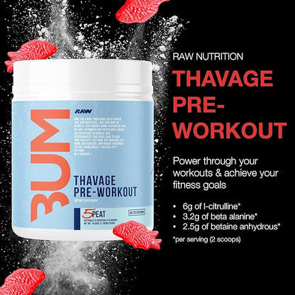 RAW Pre Workout Powder, Thavage (5 Peat, Red Gummy) - Chris Bumstead Sports Nutrition Supplement for Men & Women - Cbum Pre Workout for Working Out, Hydration, Mental Focus & Energy - 40 Servings