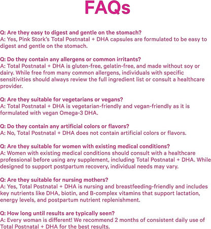 Pink Stork Total Postnatal Vitamins for Women - Mint Essenced Capsules with Vegan DHA, Iron, Folate, and Vitamin B12, Postpartum Recovery Essentials - 1 Month Supply