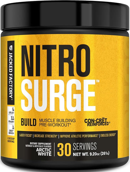 Jacked Factory Nitrosurge Build Pre Workout with Creatine for Muscle Building - Con Cret Creatine Powder & elevATP for Intense Energy, Powerful Pumps, & Endless Endurance - 30 Servings, Arctic White