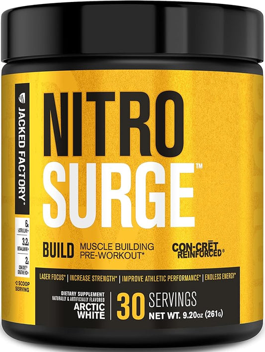 Jacked Factory Nitrosurge Build Pre Workout with Creatine for Muscle Building - Con Cret Creatine Powder & elevATP for Intense Energy, Powerful Pumps, & Endless Endurance - 30 Servings, Arctic White
