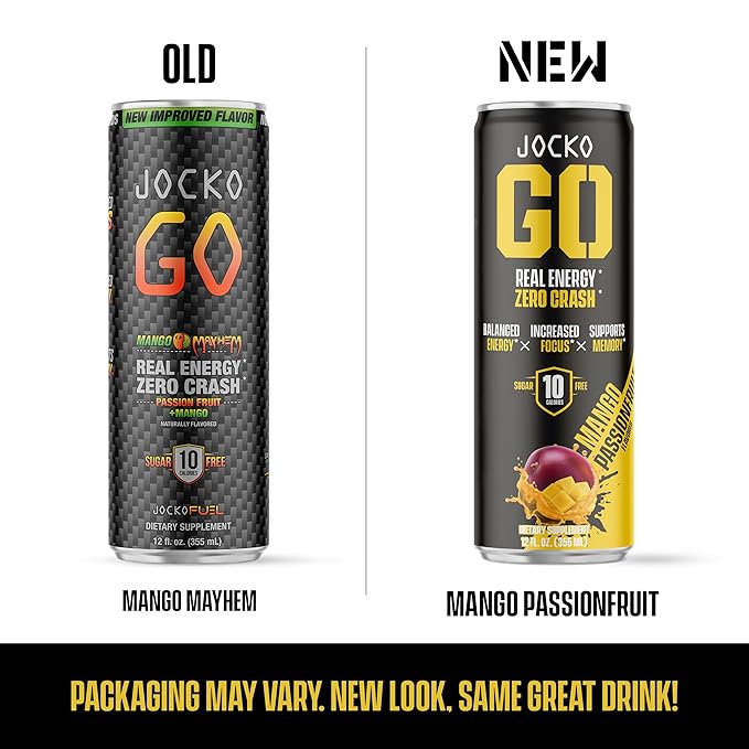 Jocko GO Energy Drink - KETO, Vitamin B12, Vitamin B6, Electrolytes, L Theanine, Magnesium- Energy Boost, Sugar Free Nootropic Monk Fruit Blend - 12 Pack (Mango Passionfruit)
