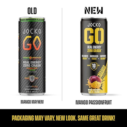 Jocko GO Energy Drink - KETO, Vitamin B12, Vitamin B6, Electrolytes, L Theanine, Magnesium- Energy Boost, Sugar Free Nootropic Monk Fruit Blend - 12 Pack (Mango Passionfruit)