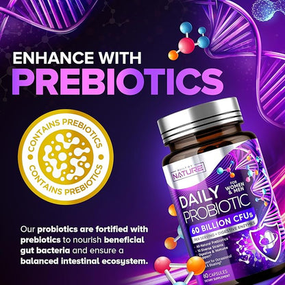 Built by Nature Probiotic for Women & Men – 60 Billion CFU, 10 Strains + Prebiotics & Digestive Enzymes – Supports Digestive, Immune, Reduce Gas & Bloating – Shelf Stable, Non-GMO - 60 Capsules