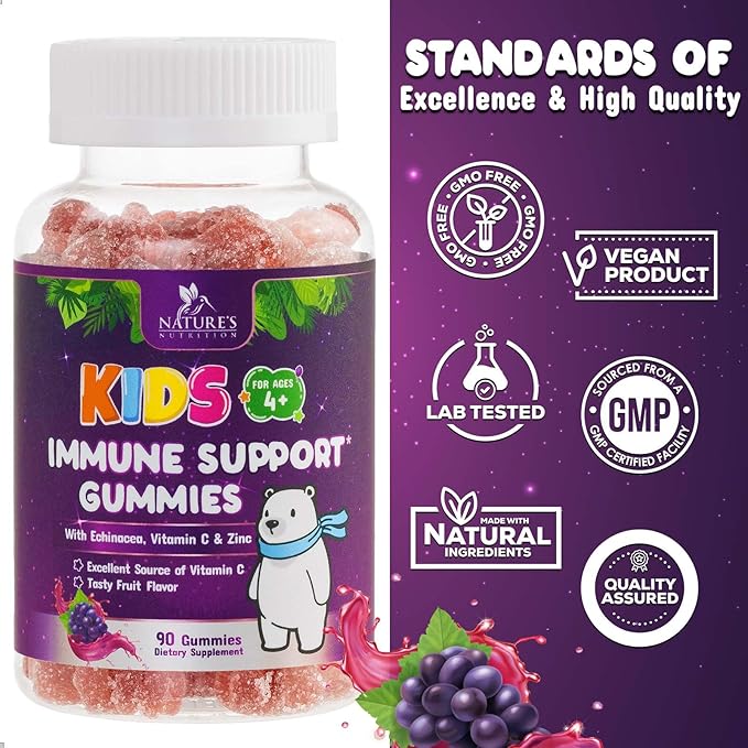 Kids Immune Support Gummy - Vitamin C, Zinc & Echinacea, Berry Flavor Children's Daily Immune Health Support Gummies for Ages 4 and Up, Nature's Vitamins for Kids, Vegan & Non-GMO - 90 Gummies