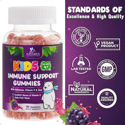 Kids Immune Support Gummy - Vitamin C, Zinc & Echinacea, Berry Flavor Children's Daily Immune Health Support Gummies for Ages 4 and Up, Nature's Vitamins for Kids, Vegan & Non-GMO - 90 Gummies