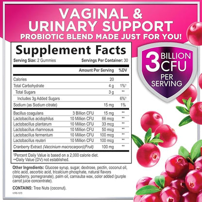 Probiotics for Women with Cranberry Extract - 6 Premium Strains for PH Balance, Digestive Health, Vaginal & Immune Support, 3 Billion CFU, Womens Probiotic Gummy for Feminine Health - 60 Gummies