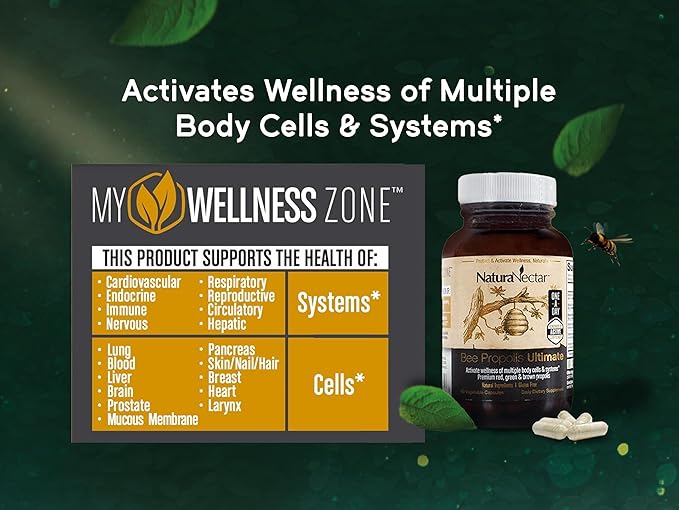 NaturaNectar - Ultimate Bee Propolis Capsules - NSF Contents Certified -Brazilian Red, Brown, & Green - Gluten-Free Supplement with Flavonoids - Naturally Sourced Through Ethical Beekeeping (60pcs.)