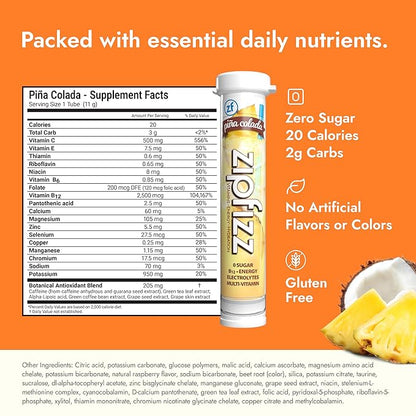 Zipfizz Daily Energy Drink Powder, Pina Colada, 20 Pack | 3-in-1 Sustained Energy, Rapid Hydration, and Essential Vitamins | Sugar-Free | Electrolyte Powder | Contains Vitamin B-12 & Antioxidants