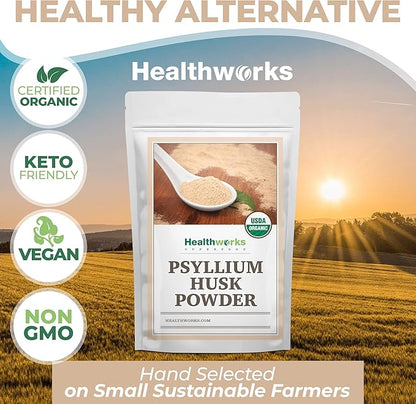Healthworks Psyllium Husk Powder Organic -16 Oz / 1 Lb - Raw - Certified Organic - Finely Ground Powder from India - Keto, Vegan & Non-GMO - Fiber Support