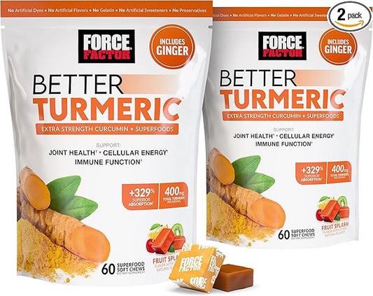 Force Factor Better Turmeric Joint Support Supplement for Extra Strength Joint Health, Featuring HydroCurc Turmeric Curcumin with Black Pepper for Superior Absorption, Fruit Splash, 120 Soft Chews