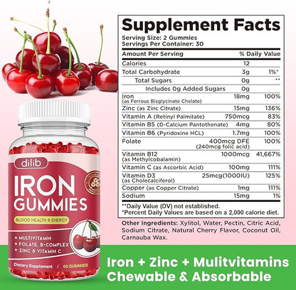 Iron Gummies with Multivitamin, Iron Supplement for Women & Men with Zinc, Vitamin B Complex & C, B12, Folate - Blood Builder & Energy Support for Adults & Kids - Cherry Flavor, Vegan 60 Gummies