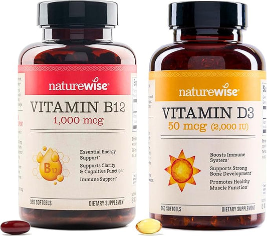 NatureWise Vitamin B12 1000mcg 360 Softgels and Vitamin D3 2000iu 360 Count for Energy, Immunity and Bone Support