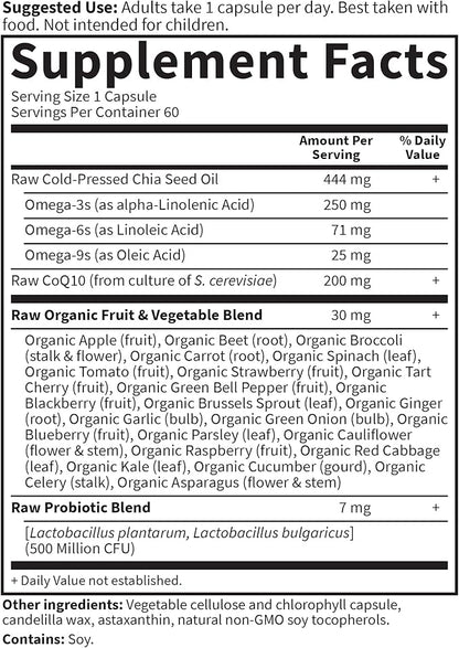 Garden of Life CoQ10 200mg, Vegetarian Omega 3 6 9 Supplement Raw Co Q 10 Chia Seed Oil, Whole Food Nutrition with Antioxidant Support, Coenzyme q10 Supplement for Heart Health, 60 Capsules