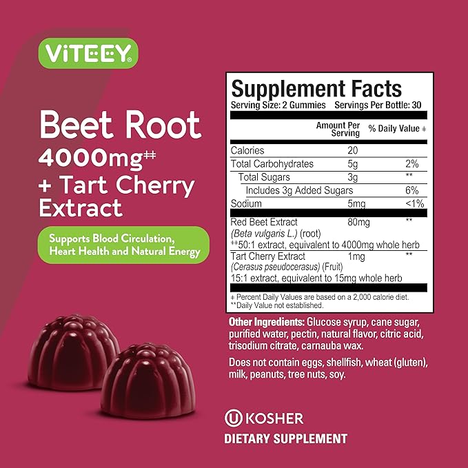 Viteey Beet Root Gummies 4000mg with Tart Cherry - for Healthy Blood Pressure Support - Vegan, Gelatin Free, Gluten Free - Tasty Chewable Berry Beet Flavored Gummy